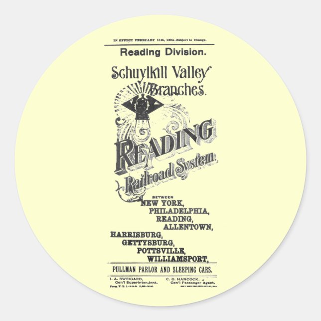 Reading Railroad System Timetable Cover 1894 Classic Round Sticker (Front)