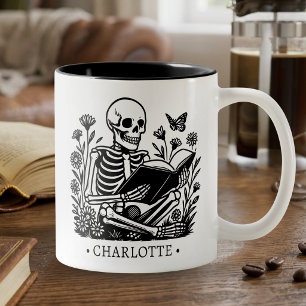 Reading Skeleton Gift For Book Lover Personalised Two-Tone Coffee Mug
