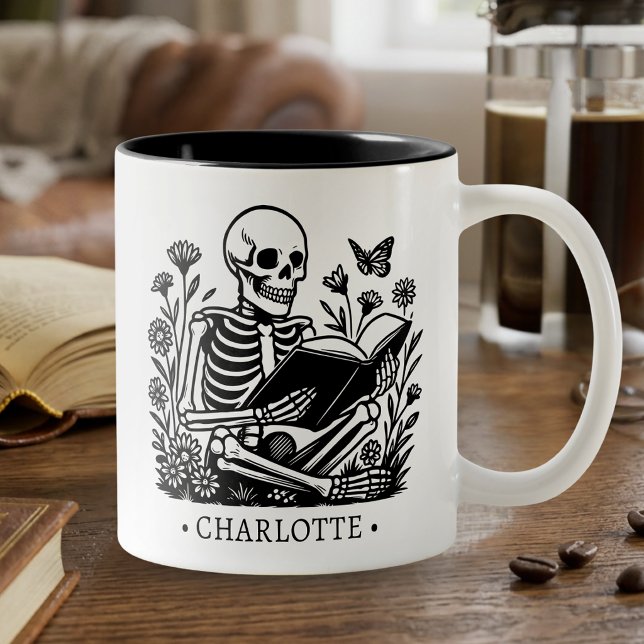 Reading Skeleton Gift For Book Lover Personalised Two-Tone Coffee Mug (Creator Uploaded)