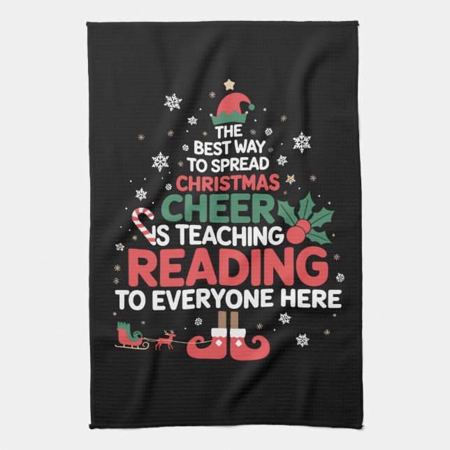 Reading Teacher Christmas Elf Xmas Cheer  Tea Towel (Vertical)