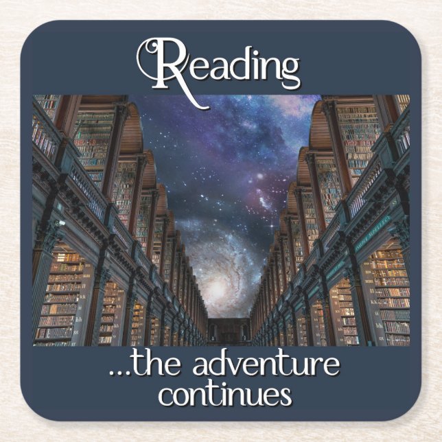 Reading, the adventure continues square paper coaster (Front)