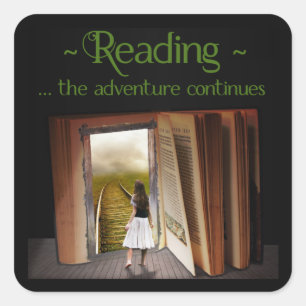 Reading, the adventure continues square sticker