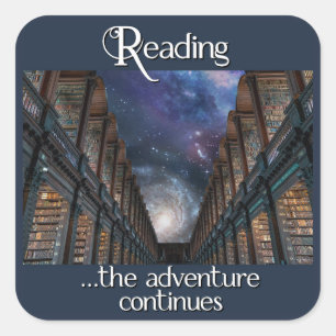 Reading, the adventure continues square sticker
