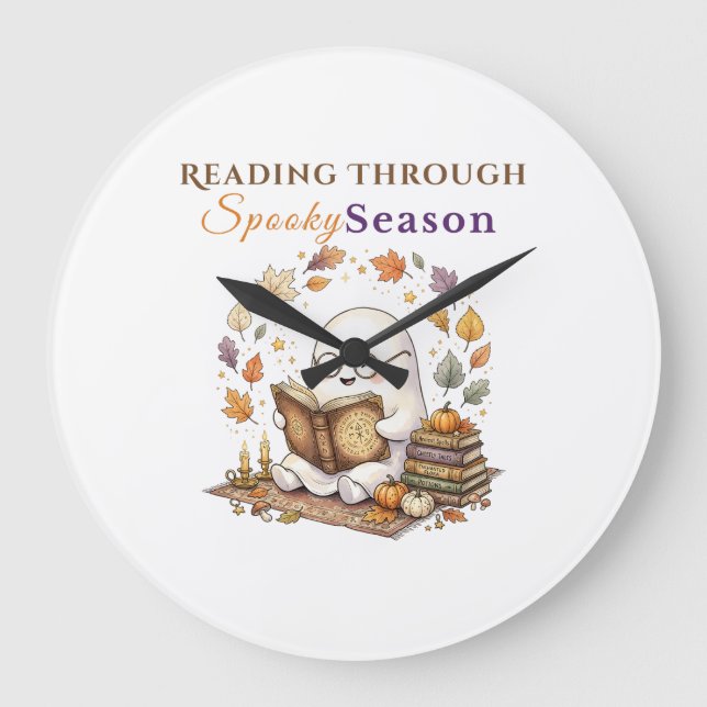 Reading Through Spooky Season | Cosy Ghost Reading Large Clock (Front)