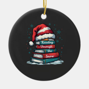 Reading Thru the Snow Reading Xmas Santa Lovers Ceramic Ornament