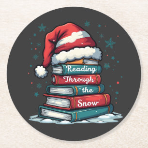 Reading Thru the Snow Reading Xmas Santa Lovers Round Paper Coaster