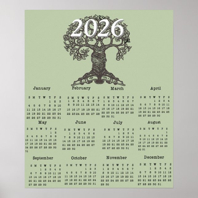 Reading Tree 2026 One Page Calendar Poster (Front)