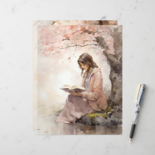 Reading Under Spring Blossom Scrapbook Paper