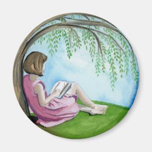 Reading under the willow tree magnet