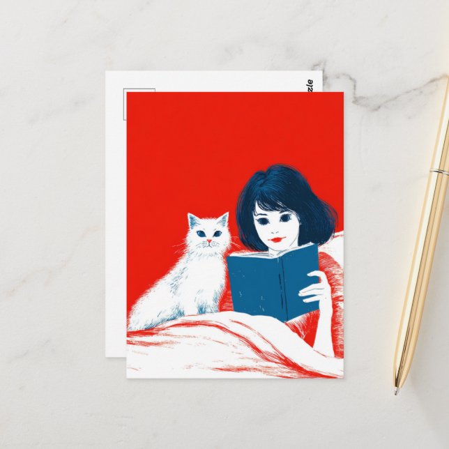 Reading With My Cat Postcard (Front/Back In Situ)