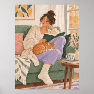 Reading Woman with Cat in Autumn – Poster