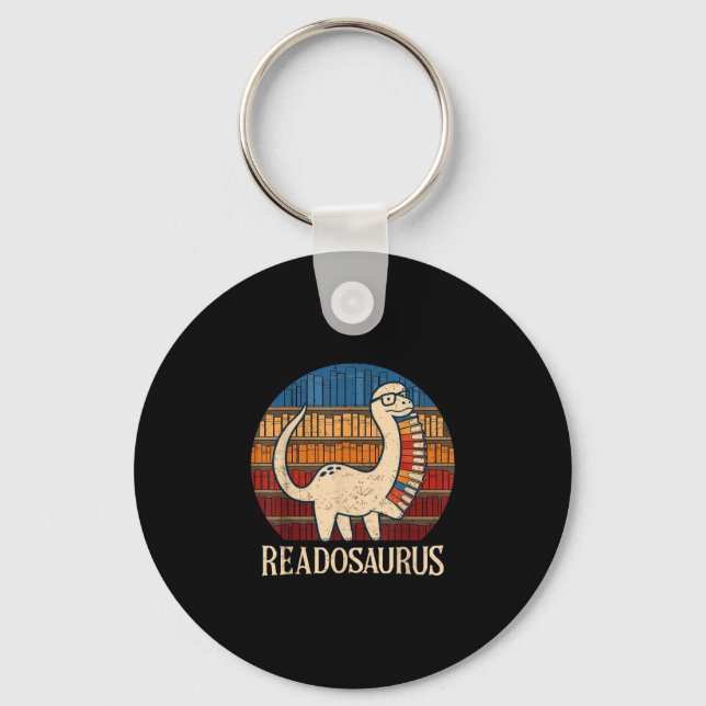 Readosaurus retro sunset funny dinosaur reading key ring (Front)