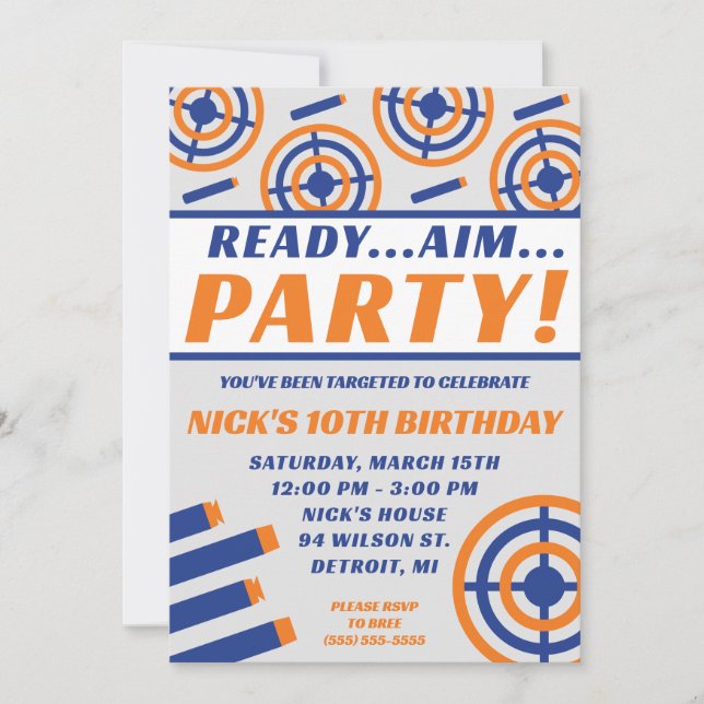 Ready, Aim, Party! Nerf Gun Themed Birthday Party Invitation (Front)