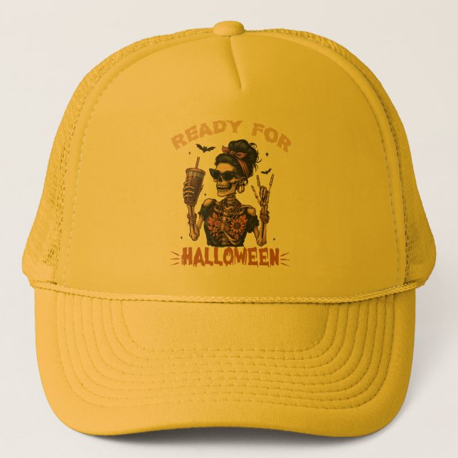 Ready for halloween Spooky Coffee Skull & Bats Trucker Hat (Front)