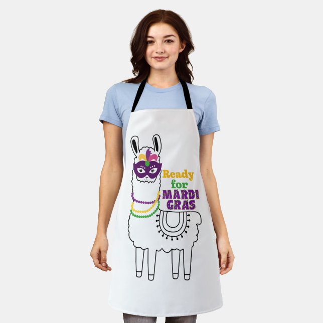 Ready for Mardi Gras llama feathered mask beads Apron (Worn)