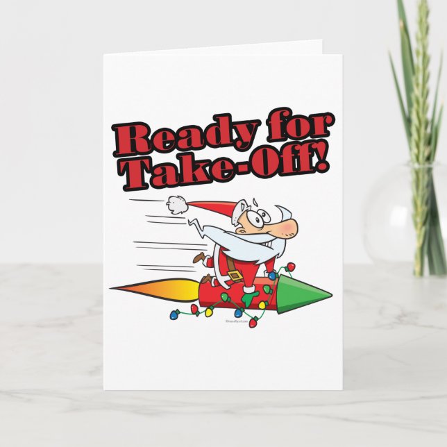 ready for take off rocket santa cartoon holiday card (Front)