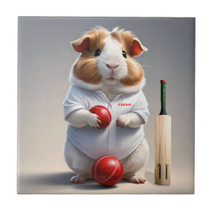 Ready for the Pitch: Guinea Pig in Cricket Gear, Ceramic Tile