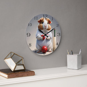 Ready for the Pitch: Guinea Pig in Cricket Gear, Large Clock