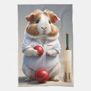 Ready for the Pitch: Guinea Pig in Cricket Gear, Tea Towel