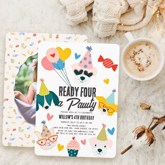 Ready Four Pawty Dogs & Cat Photo 4th Birthday Invitation