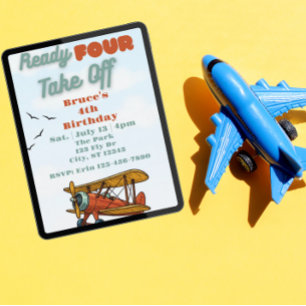 Ready FOUR Take Off, airplane 4th Birthday Invitation