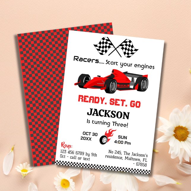 Ready set go red racing car modern 3rd birthday invitation (Creator Uploaded)