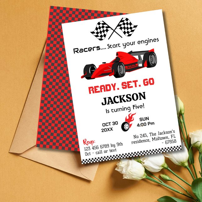 Ready set go red racing car modern 5th birthday invitation (Creator Uploaded)