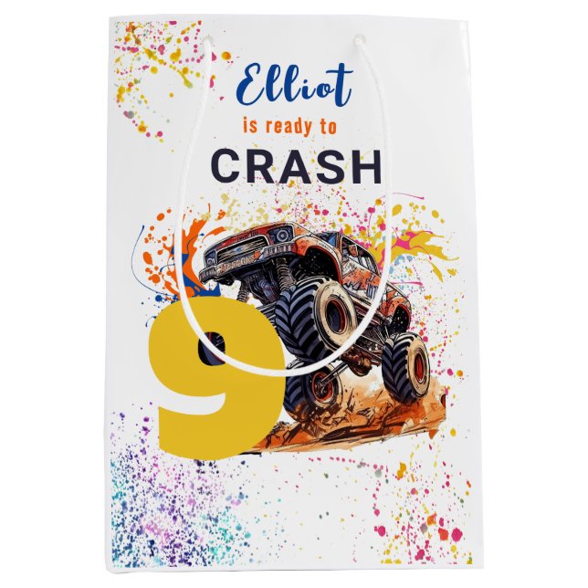 Ready to crash monster truck birthday medium gift bag (Front)