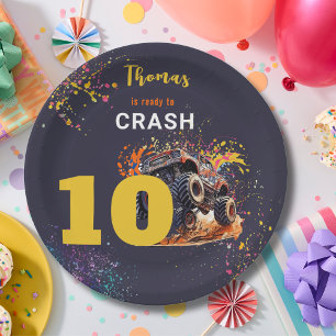 Ready to crash monster truck dark birthday paper plate