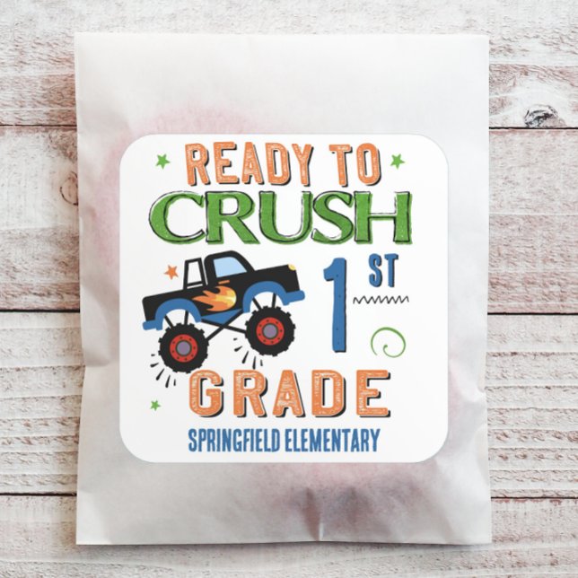 Ready to Crush 1st Grade School Square Sticker (Customize this back to school sticker with your grade level and school or teacher name.)