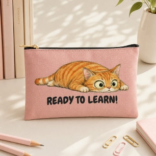 Ready to Learn Funny Orange Cat Pink Pencil Case Accessory Pouch