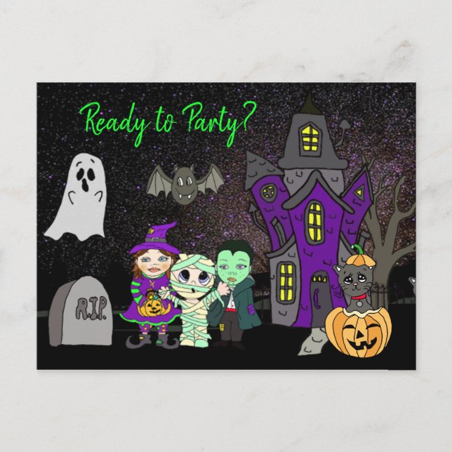 Ready to Party, Halloween Haunted House Invite Postcard (Front)