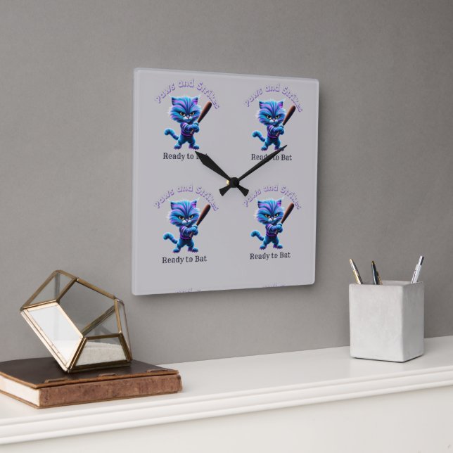 Ready to Play: Blue Striped Baseball Cat Square Wall Clock (Office)