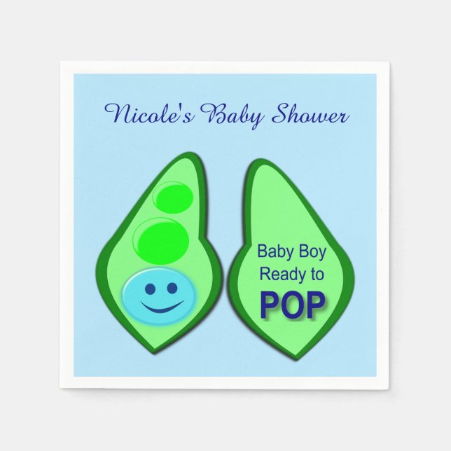 Ready to Pop Baby Boy Blue Pea Baby Shower Custom Napkin (Front)