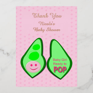 Ready to Pop Baby Girl Pink Pea Baby Shower Custom Foil Holiday Postcard