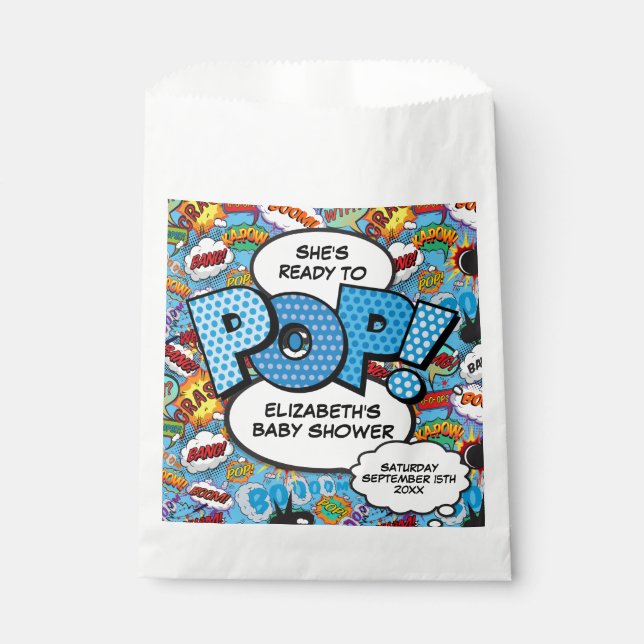Ready to Pop Baby Shower Blue Comic Book Favour Bag (Front)