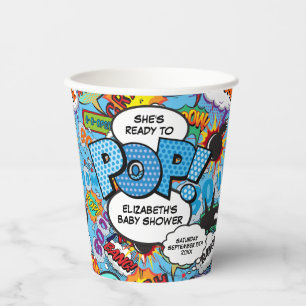 Ready to Pop Baby Shower Blue Comic Book Paper Cups