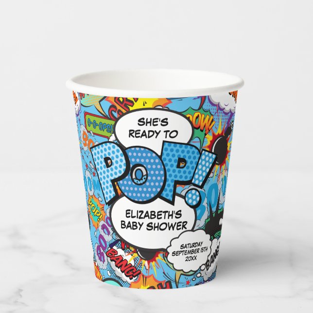 Ready to Pop Baby Shower Blue Comic Book Paper Cups (Front)