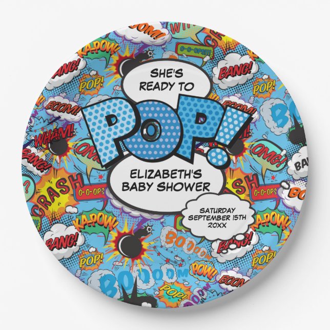 Ready to Pop Baby Shower Blue Comic Book Paper Plate (Front)