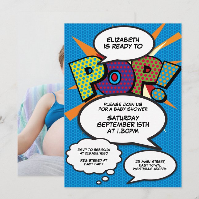 Ready to Pop Baby Shower Blue Comic Book Photo Invitation (Front/Back)