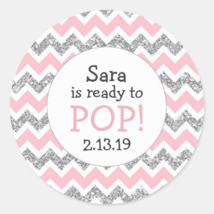 Ready to Pop Baby Shower Favour pink silver glitte Classic Round Sticker