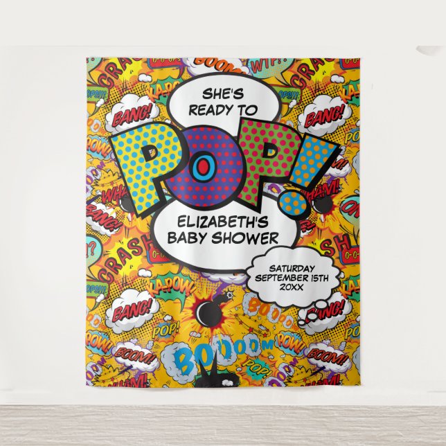 Ready to Pop Baby Shower Fun Photo Backdrop Tapestry (Front)