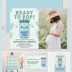 Ready to Pop Baby Shower Photo Blue Kawaii Invitation