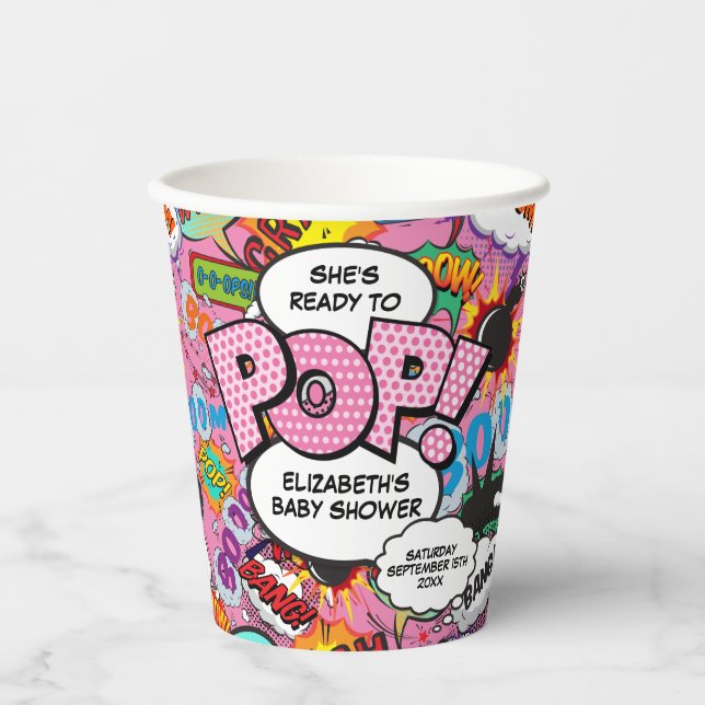 Ready to Pop Baby Shower Pink Comic Book Paper Cups (Front)