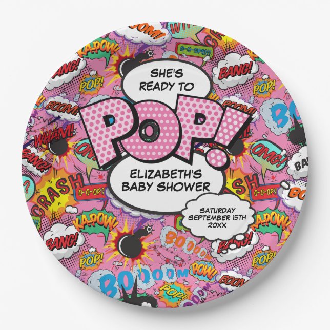 Ready to Pop Baby Shower Pink Comic Book Paper Plate (Front)