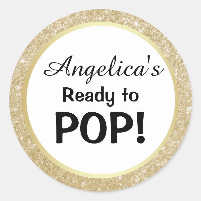 Ready to Pop Baby Shower White Gold Glitter Classic Round Sticker (Front)