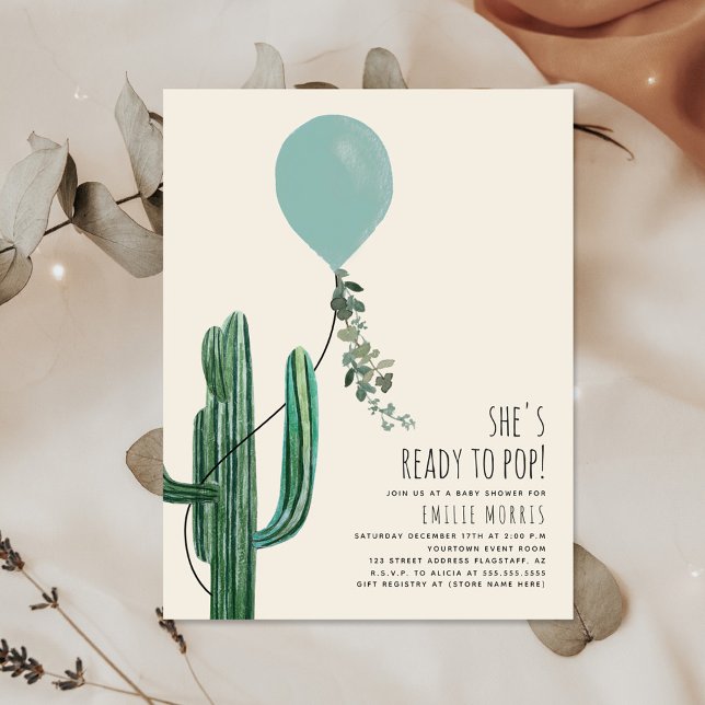 Ready to Pop Balloon Cactus Teal Baby Shower  Invitation (Creator Uploaded)