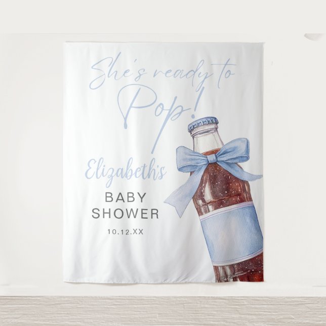Ready To Pop Blue Baby Shower Photo Backdrop Tapestry (Front)