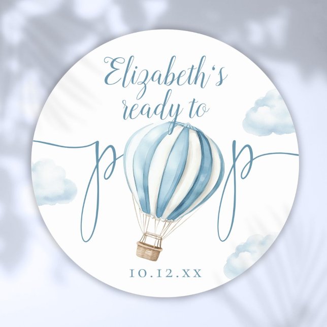 Ready To Pop Blue Balloon Baby Shower Classic Round Sticker (Ready To Pop Blue Balloon Baby Shower Classic Round Sticker)