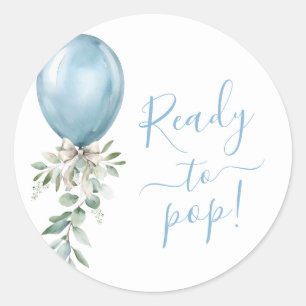 Ready To Pop Blue Balloon Bow Greenery Baby Shower Classic Round Sticker